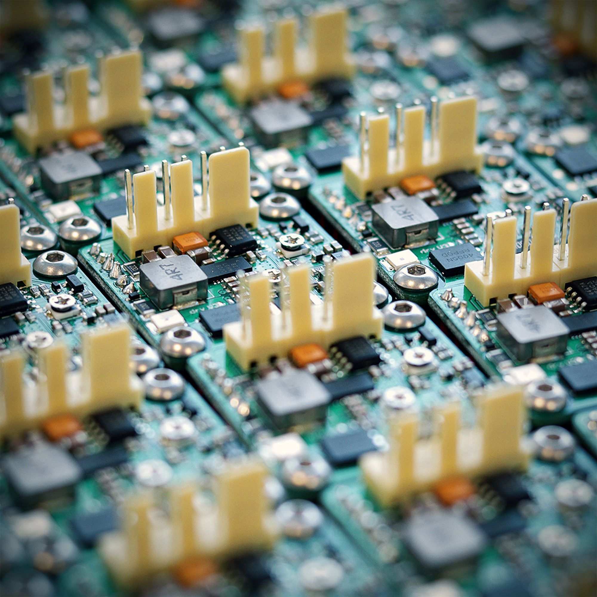 Close view of circuit board components and connectors on electronics hardware